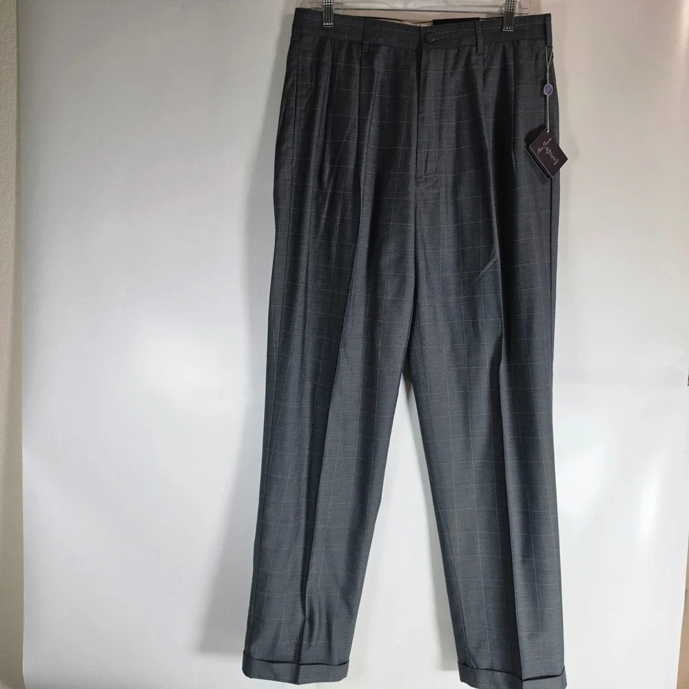 Alan Flusser Men 32x32 Gray Windowpane Dress Pants Double Pleated Cuffed NWT